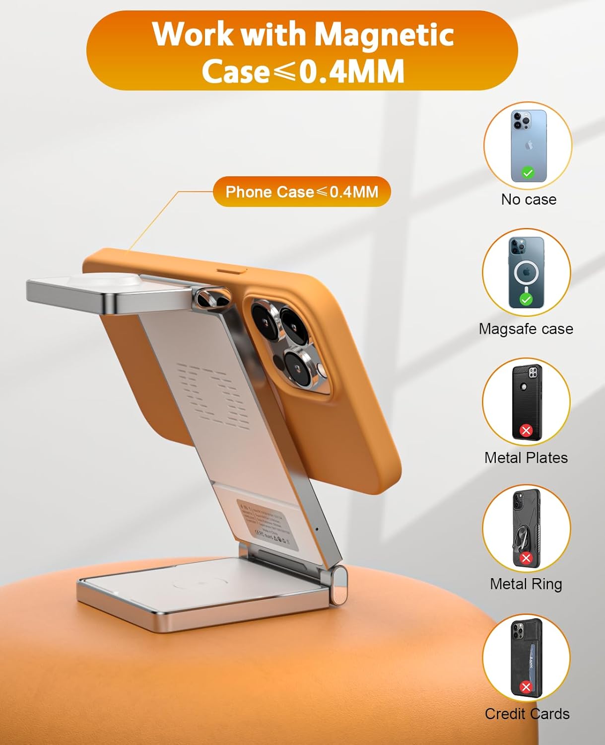 REOKILY MagSafe foldable wireless charger showing compatibility with iPhone cases under 0.4mm and MagSafe cases, not compatible with metal plates, rings, or credit cards