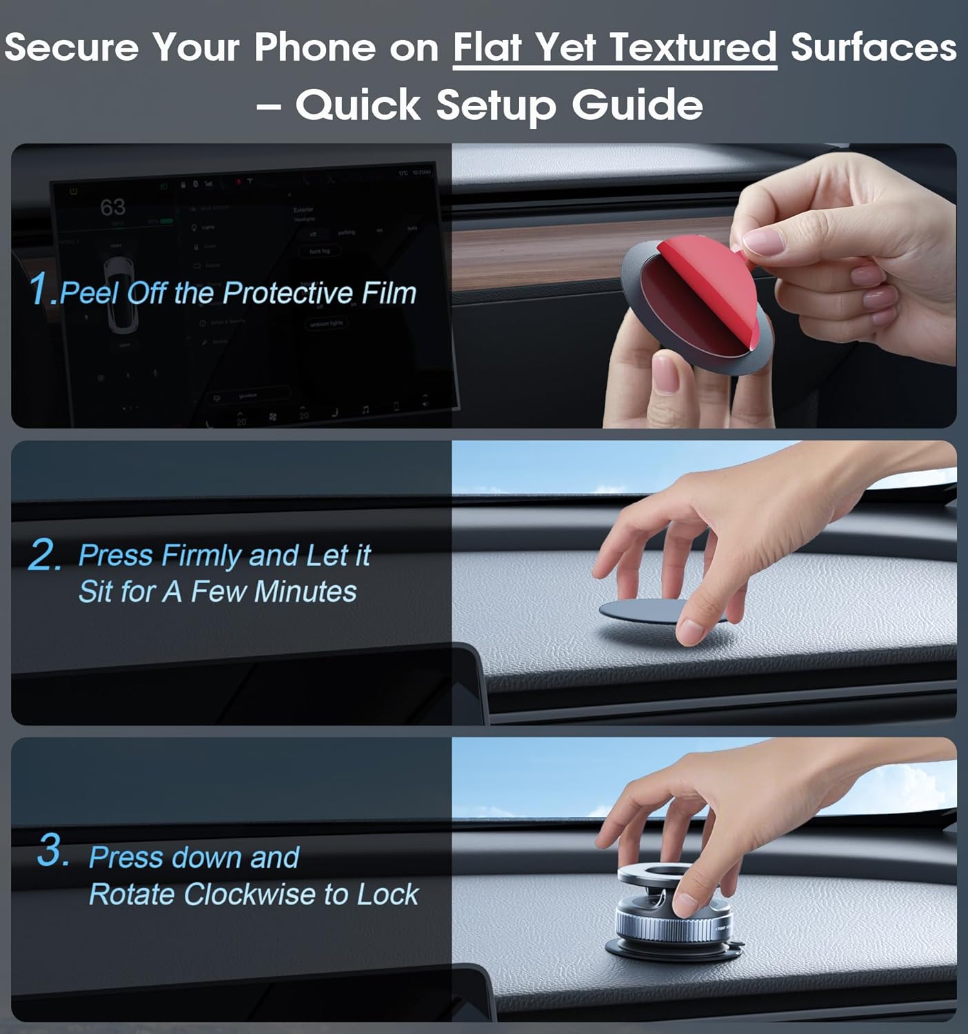 Reokily magnetic phone holder quick setup guide showing peel, press, and lock installation steps on car dashboard