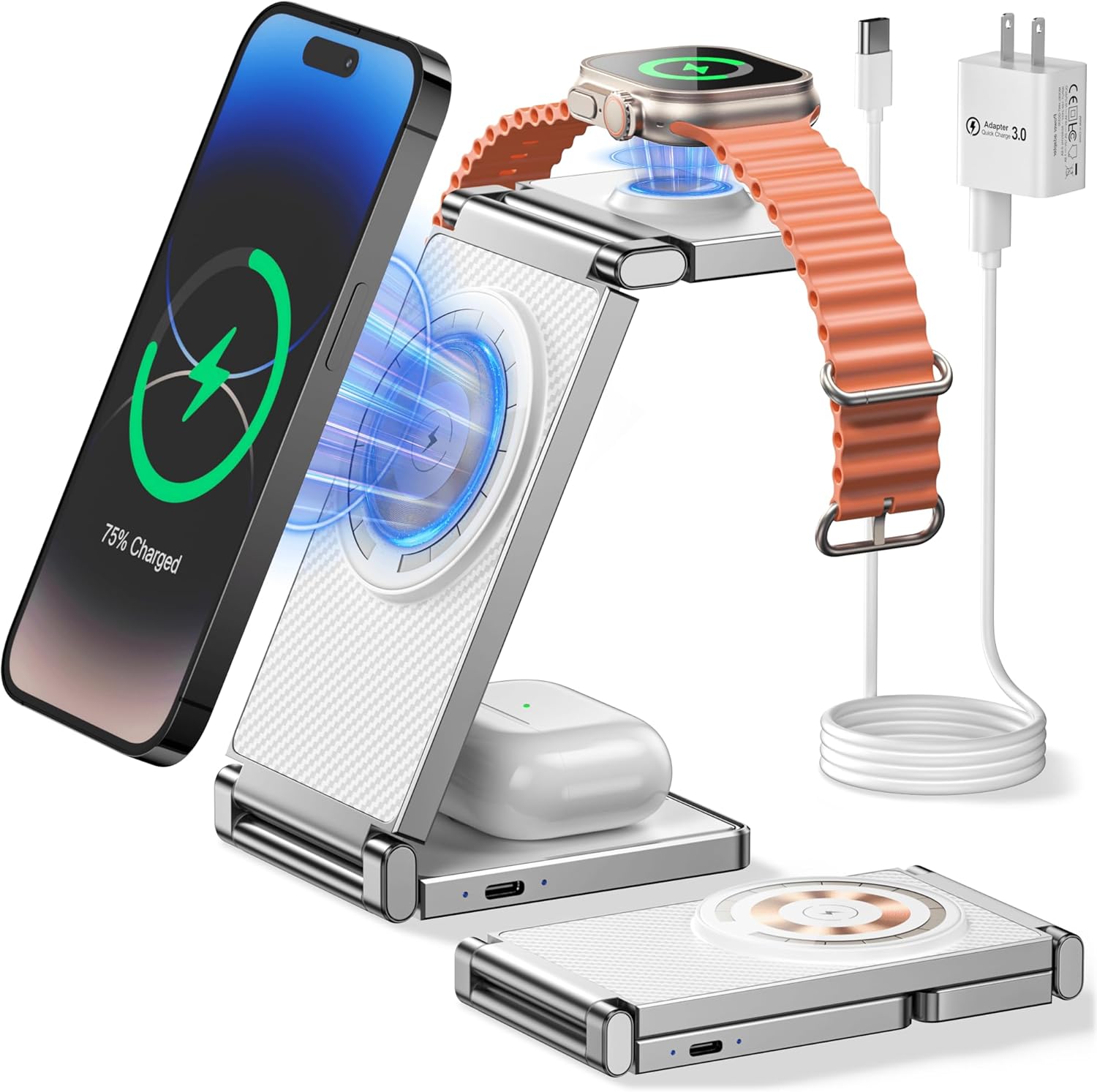 REOKILY MagSafe foldable 3-in-1 wireless charger charging iPhone, Apple Watch, and AirPods with fast 15W magnetic charging stand and adapter