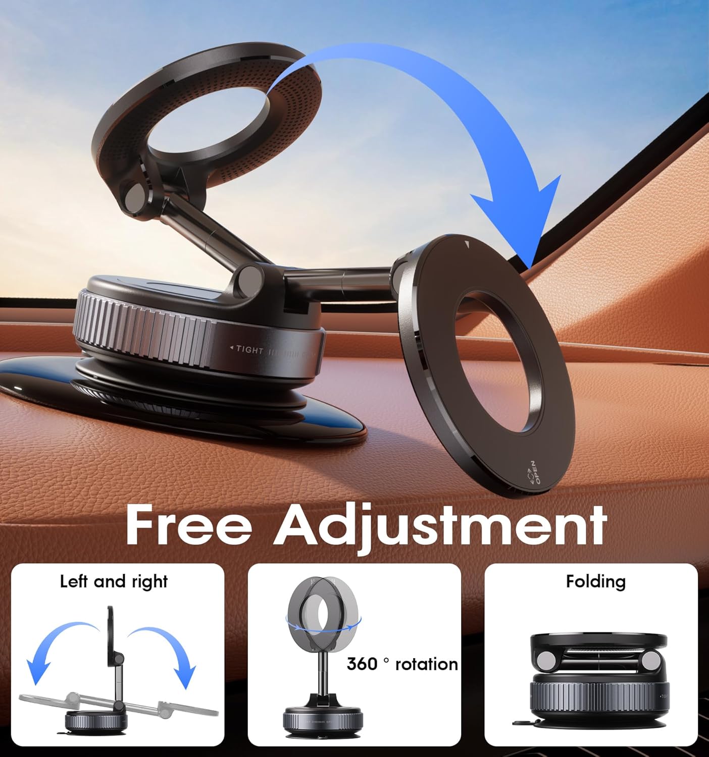 Reokily magnetic phone holder with 360-degree rotation, left and right adjustment, and foldable design for car dashboard