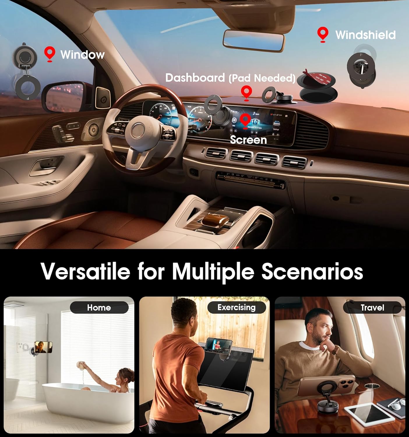 Reokily magnetic phone holder versatile for multiple scenarios including car dashboard, windshield, home, exercising, and travel use