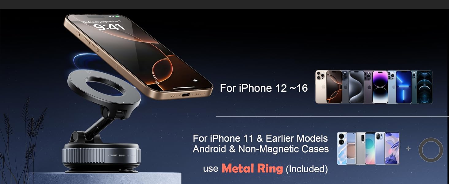 Reokily magnetic phone holder compatible with iPhone 12 to 16, includes metal ring for iPhone 11, older models, Android, and non-magnetic cases