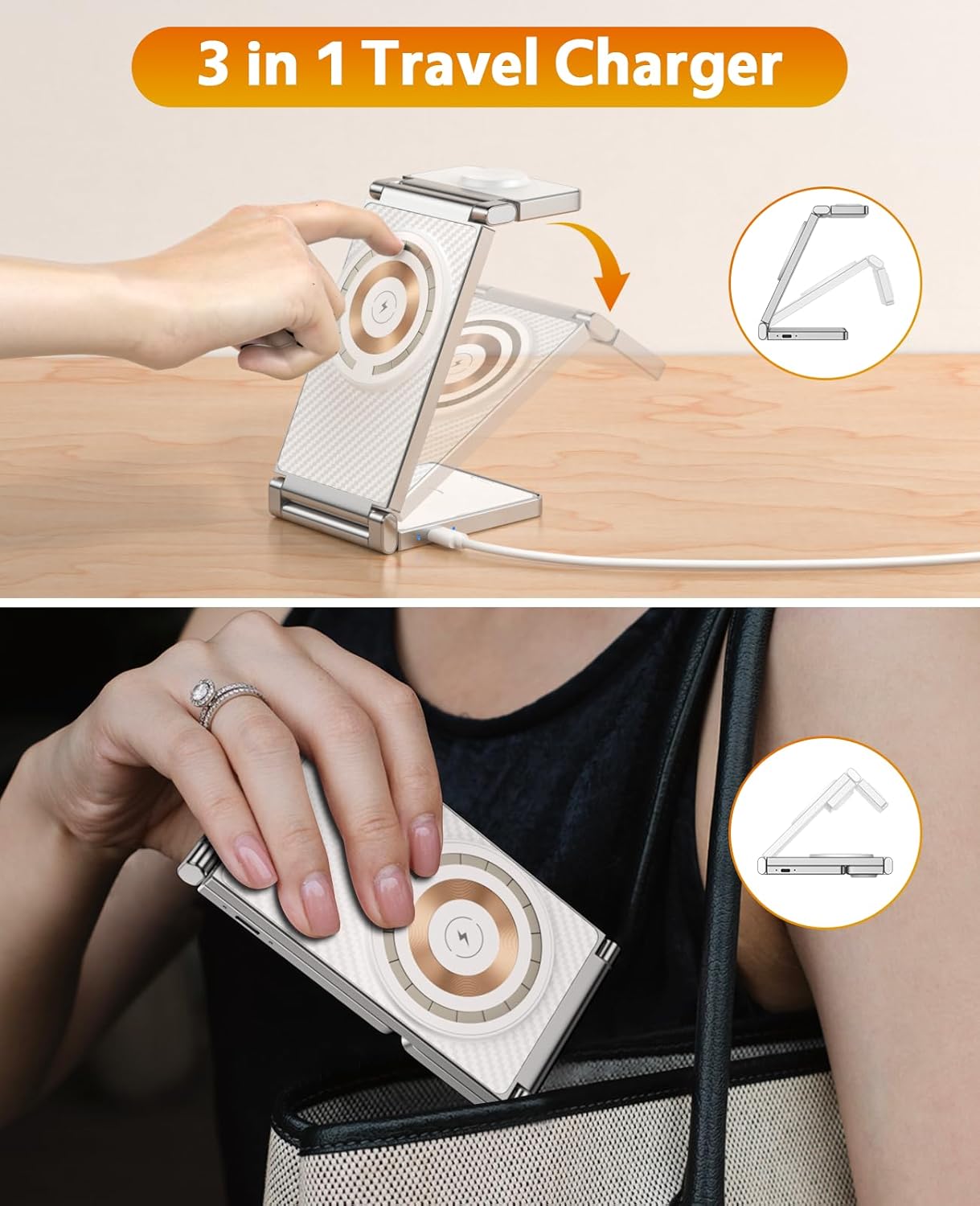 REOKILY 3-in-1 foldable MagSafe travel charger for iPhone, Apple Watch, and AirPods, compact portable design easy to carry in bag