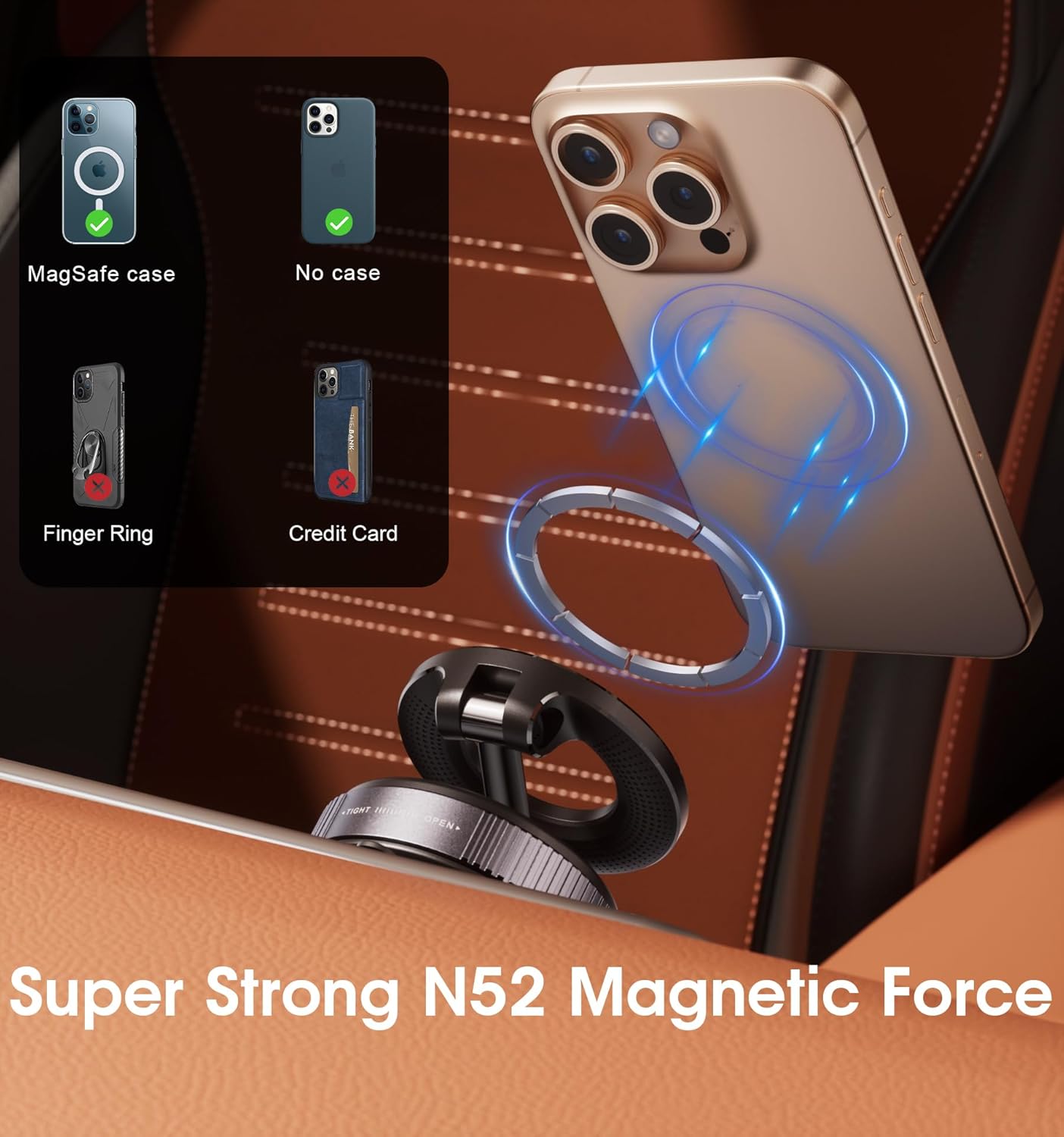 Reokily magnetic phone holder with super strong N52 magnetic force, compatible with MagSafe case or bare iPhone, not suitable for finger ring or credit card cases