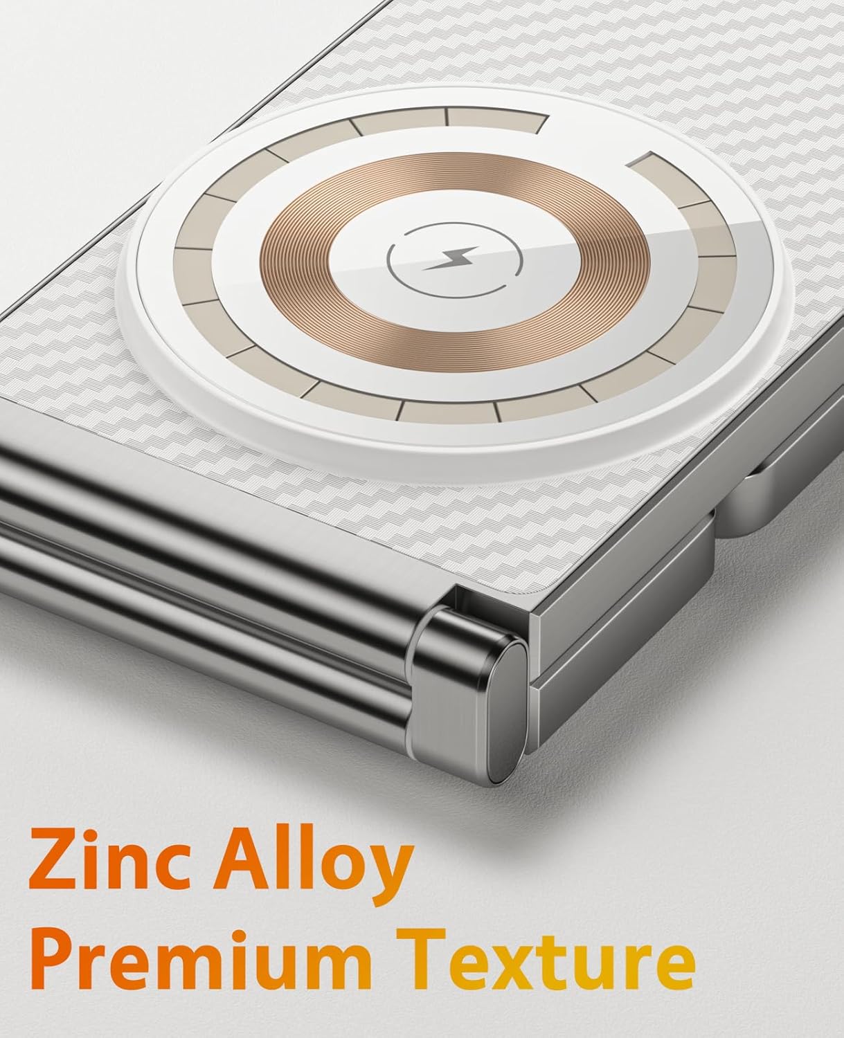 Close-up of REOKILY MagSafe foldable wireless charger with zinc alloy premium texture for durability and sleek design
