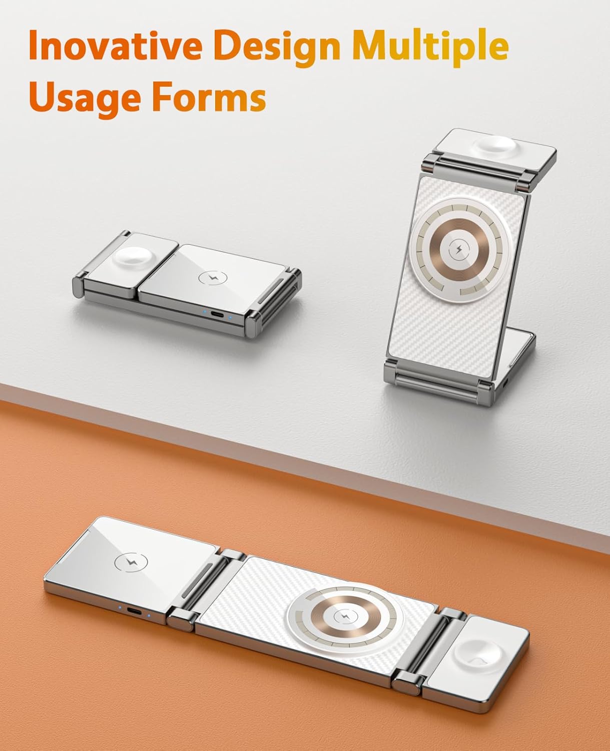 REOKILY foldable MagSafe 3-in-1 wireless charger with innovative design showing multiple usage forms for iPhone, Apple Watch, and AirPods