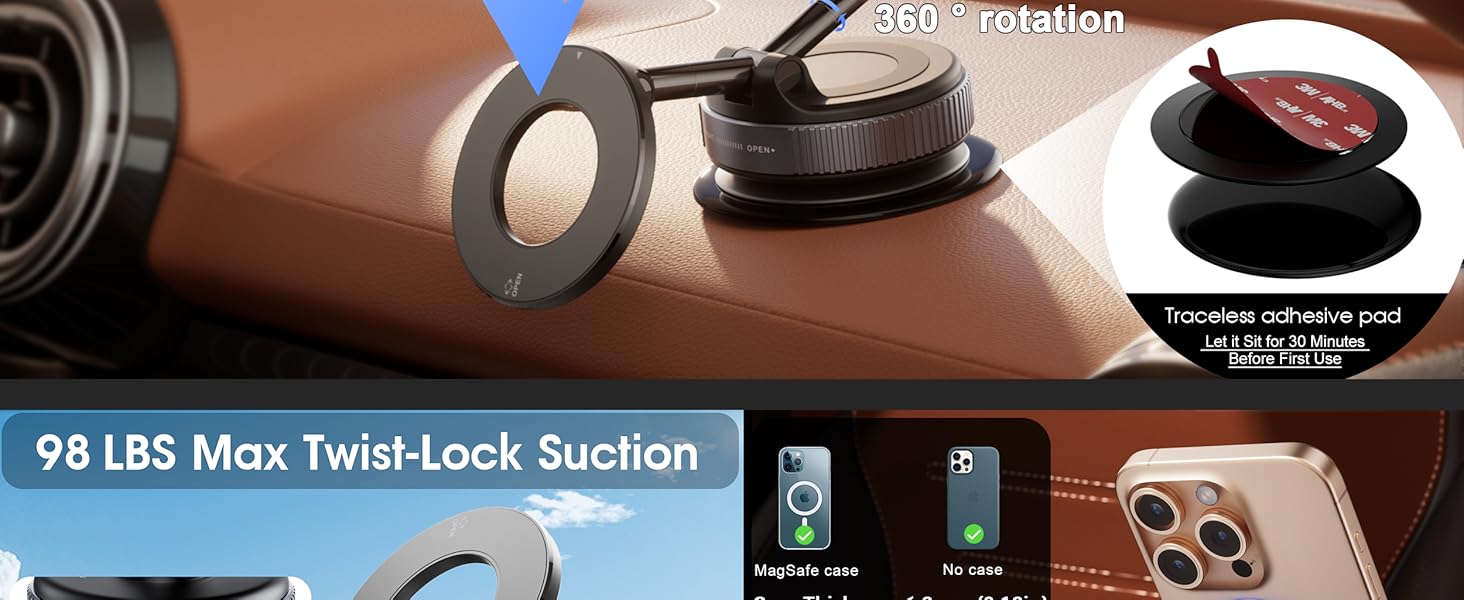 Reokily magnetic phone holder with 360° rotation, 98 lbs twist-lock suction, and traceless adhesive pad for strong dashboard mounting