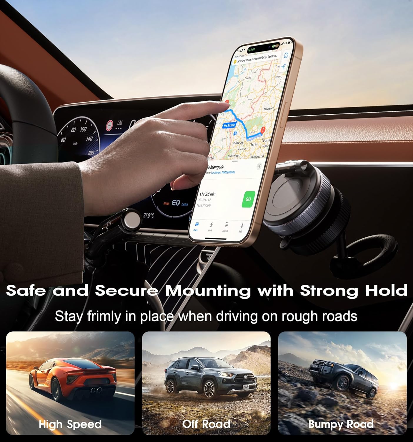 Reokily magnetic phone holder ensures safe and secure mounting on car dashboard, stable on high speed, off-road, and bumpy roads