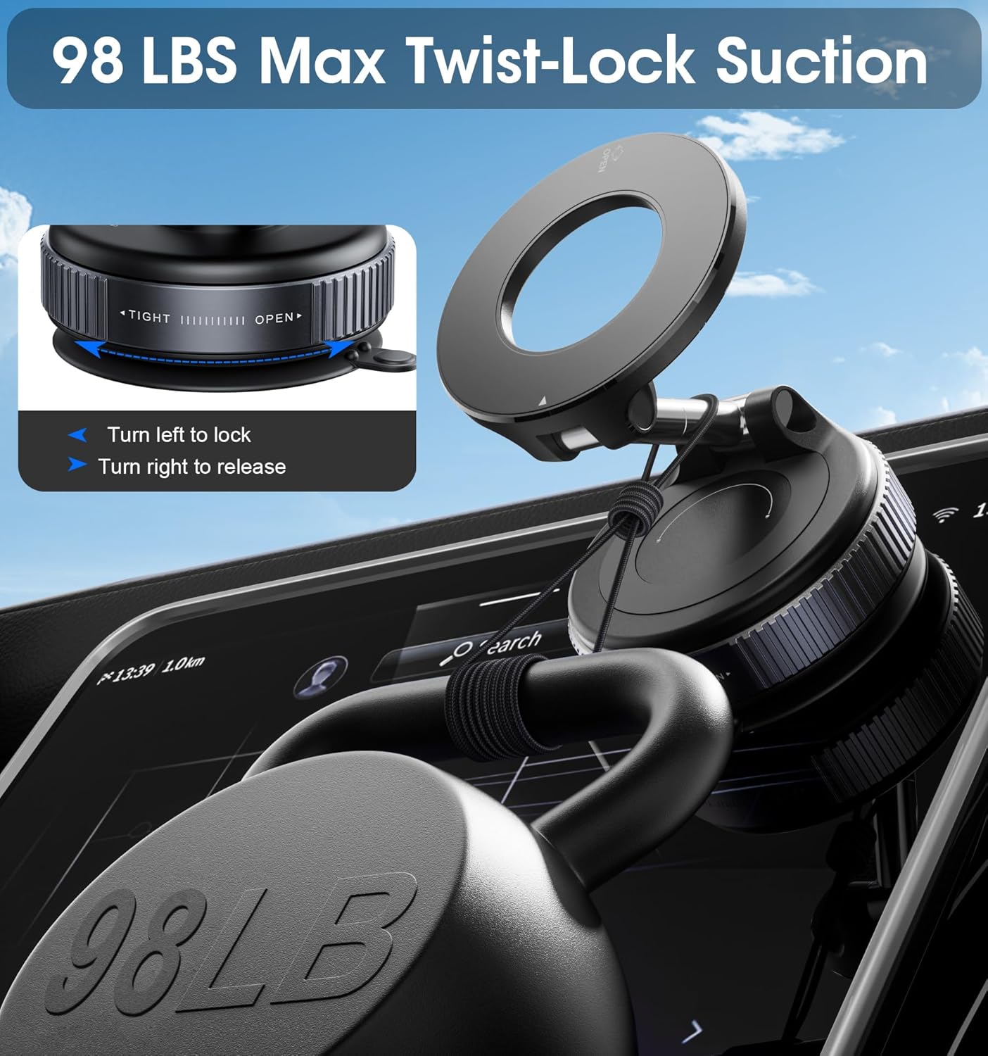 Reokily magnetic phone holder with 98 lbs max twist-lock suction, secure grip for car dashboard mounting