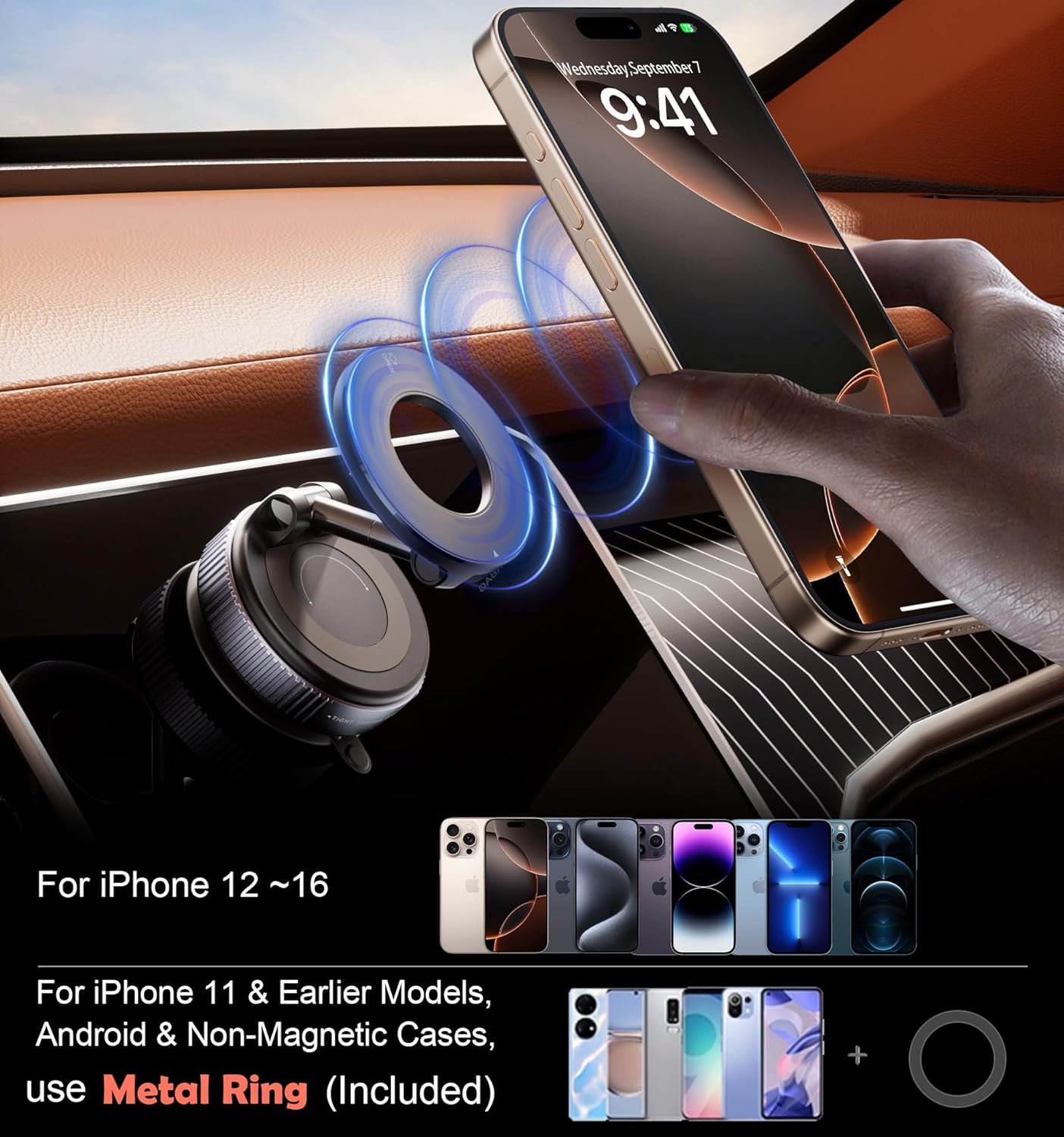 Reokily magnetic phone holder compatible with iPhone 12 to 16, includes metal ring for iPhone 11, earlier models, Android, and non-magnetic cases