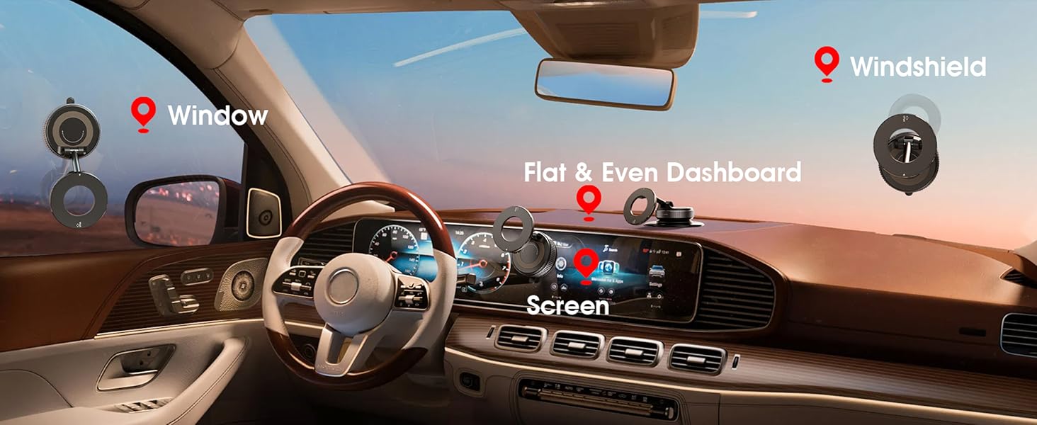Reokily magnetic phone holder for multiple car mounting options including window, windshield, flat dashboard, and screen