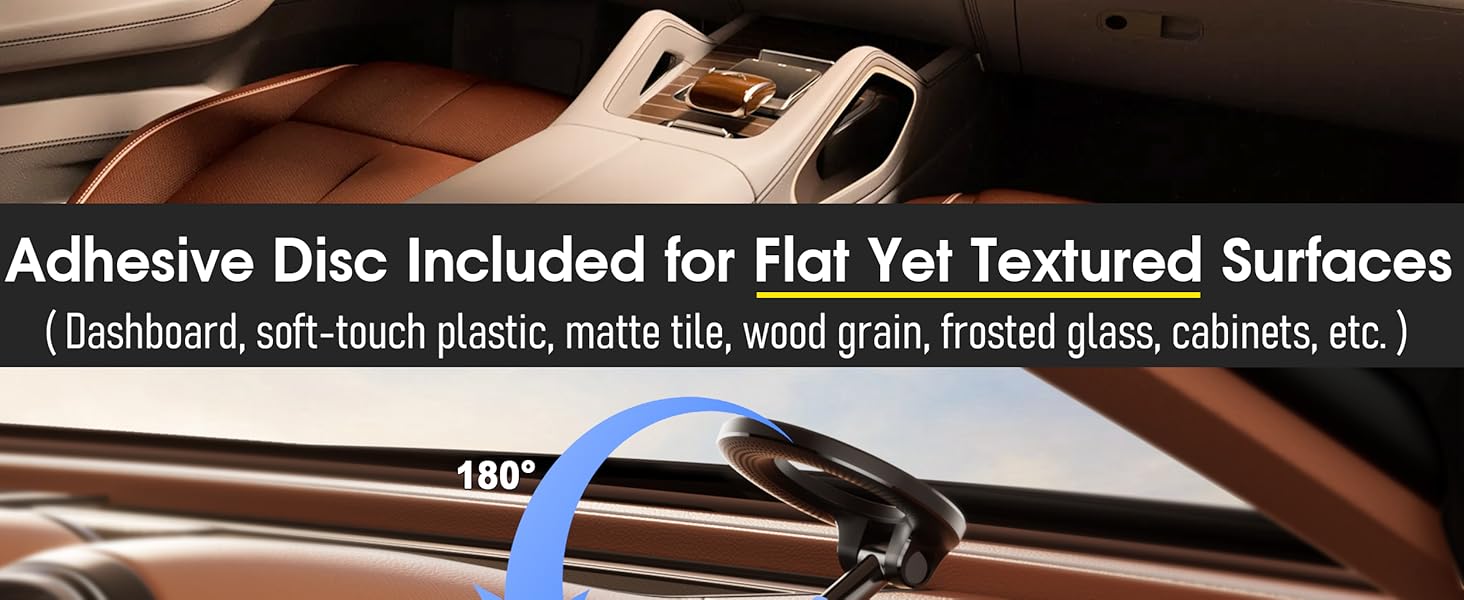 Reokily magnetic phone holder with adhesive disc included for flat and textured surfaces like dashboards, tiles, wood grain, and frosted glass